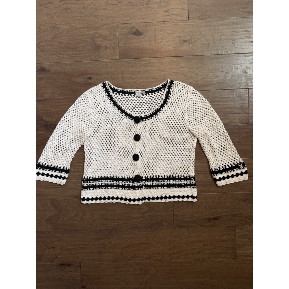Ann Trinity Womens XL White Black Crochet Cotton‎ Button Front Cardigan Sweater